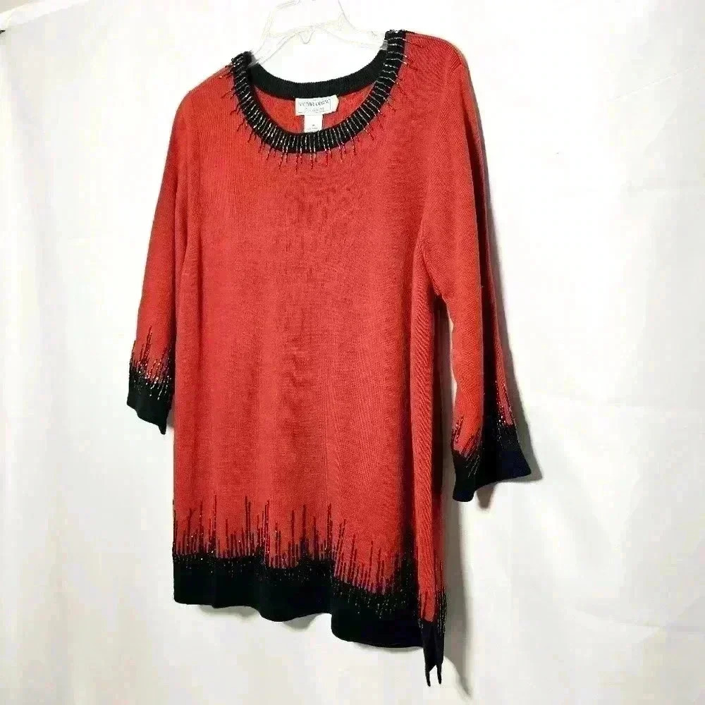 Victor Costa Occasion Womens Red Black Acrylic Beaded Knit Sweater Size 1X